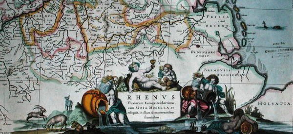 ले नोव्यू थिएटर डू मोंडे, एम्स्टर्डम 1639 (रंग उत्कीर्णन) से राइन के पाठ्यक्रम के मानचित्र का कार्टोच द्वारा हेंड्रिक I होंडियस