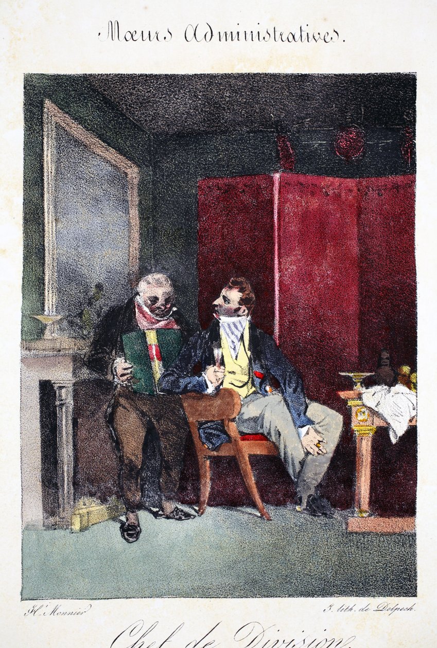 डिवीज़न के प्रमुख, हेनरी मोननियर द्वारा &39;एडमिनिस्ट्रेटिव मोर्स, ड्रॉ फ्रॉम आफ्टर नेचर&39; का चित्रण, डेलपेच, पब द्वारा लिथोग्राफ किया गया। पेरिस, c.1828 (हाथ के रंग वाले लिथो) द्वारा हेनरी बोनावेंट मुन्नियर