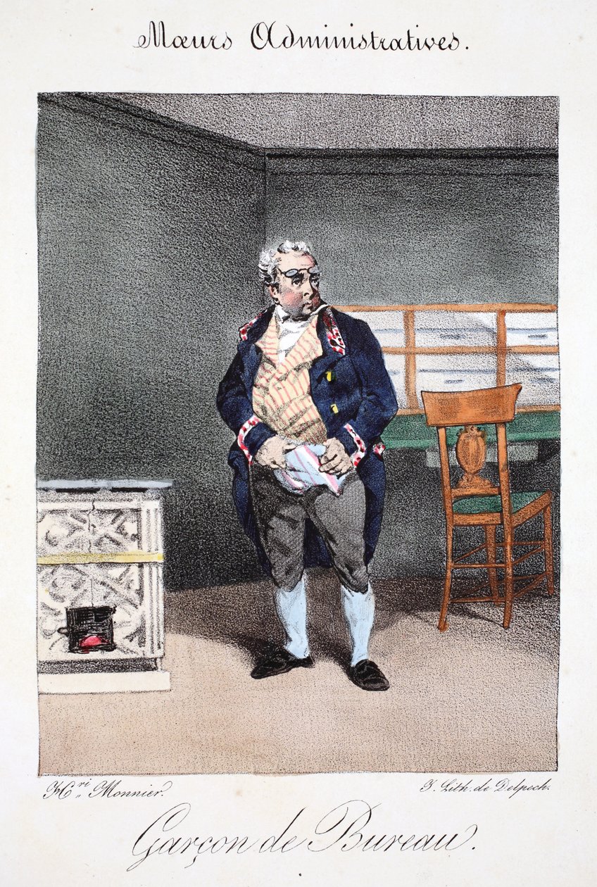 ऑफिस बॉय, हेनरी मोनियर द्वारा &39;एडमिनिस्ट्रेटिव मोर्स, ड्रॉ फ्रॉम नेचर&39; का चित्रण, डेलपेच, पब द्वारा लिखित पेरिस, c.1828 (हाथ के रंग वाले लिथो) द्वारा हेनरी बोनावेंट मुन्नियर