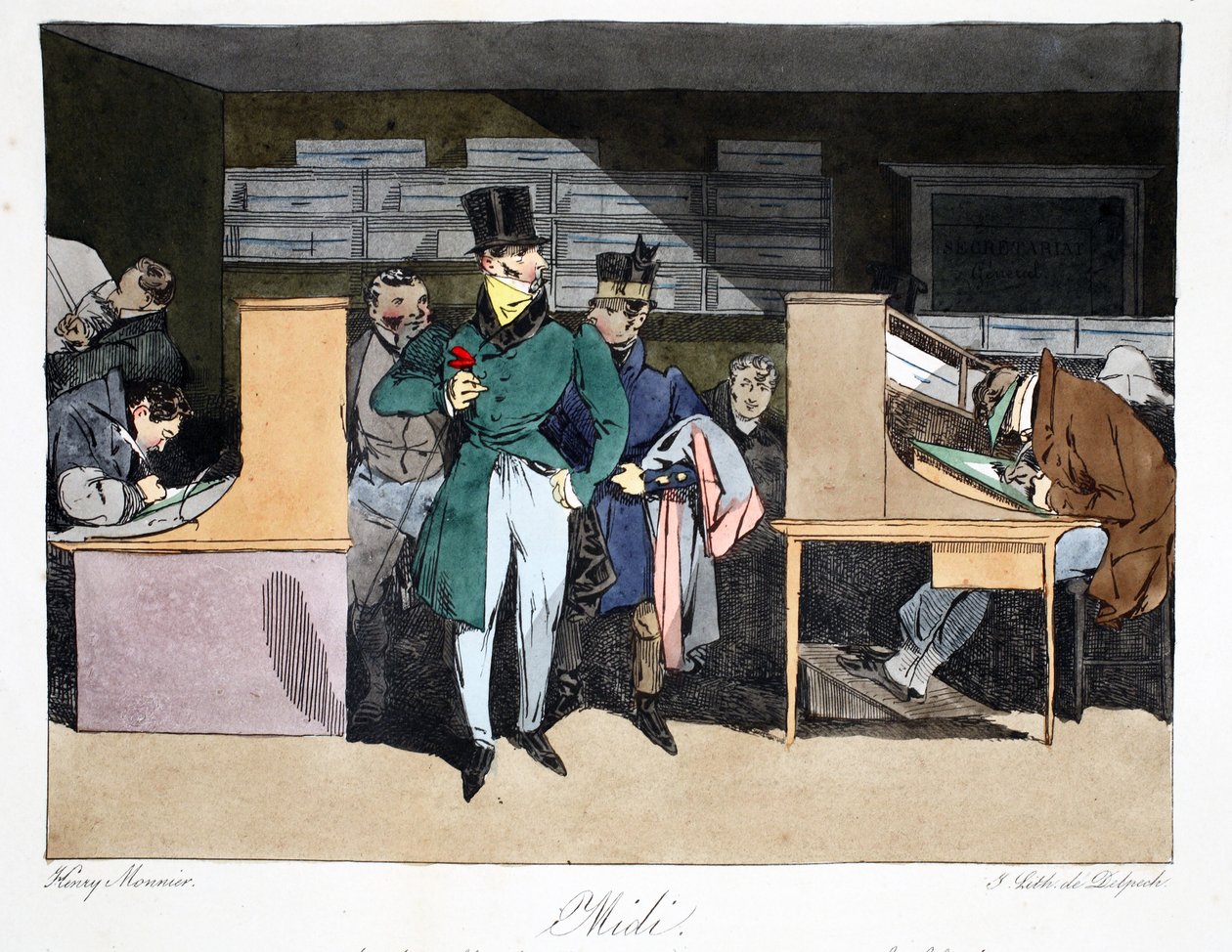 दोपहर, हेनरी मोननियर द्वारा &39;एडमिनिस्ट्रेटिव मोर्स, ड्रोन फ्रॉम नेचर&39; का चित्रण, डेलपेच, पब द्वारा लिखित। पेरिस, c.1828 (हाथ के रंग वाले लिथो) द्वारा हेनरी बोनावेंट मुन्नियर