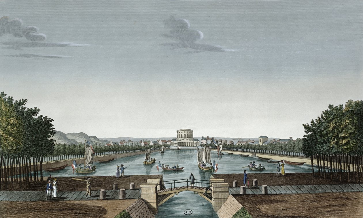 La Villette पर आउक कैनाल के बेसिन का दृश्य, c.1815-20 (रंग उत्कीर्णन) द्वारा हेनरी कौरवोइज़ियर-वोइसिन
