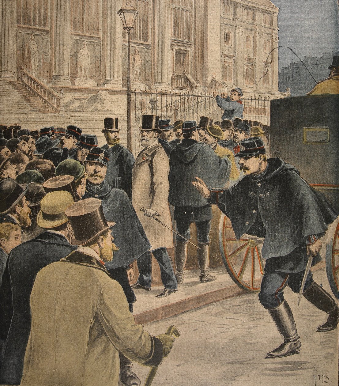 कोर्टहाउस के बाहर एमिल ज़ोला, 20 फरवरी 1898 को &39;ले पेटिट जर्नल: पूरक चित्रण&39; से चित्रण द्वारा हेनरी मेयर