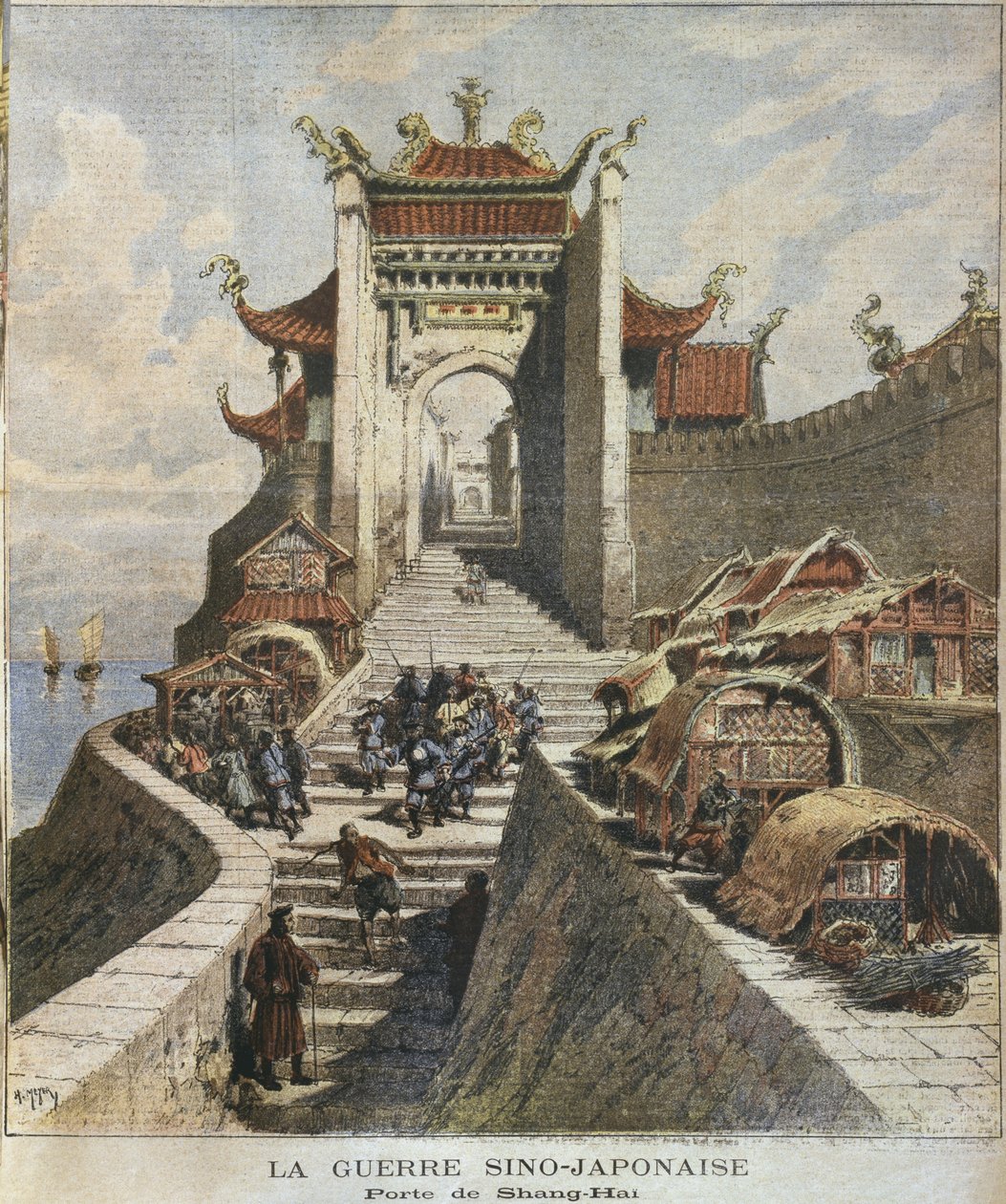 चीन-जापानी युद्ध, शंघाई गेट, &39;ले पेटिट जर्नल&39; से चित्रण, पूरक चित्रण, 6 जनवरी 1895 (रंग उत्कीर्णन) द्वारा हेनरी मेयर