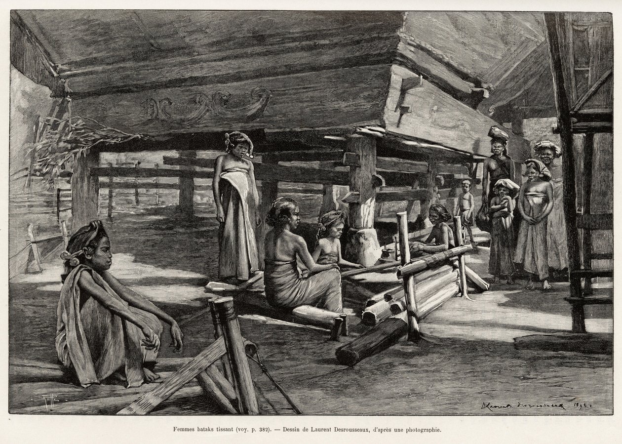 बटक महिला, उत्तर सुमात्रा जातीय समूह, बुनाई। 1889-1890 में जूल्स क्लेन (1856-1939) द्वारा, "" मलेशिया में एक वर्ष" कहानी को चित्रित करने के लिए लॉरेंट डेसरौस्यू द्वारा उत्कीर्ण, ले टूर डू मोंडे 1892 में, एडौर्ड चार्टन द्वारा निर्देशित (1807- द्वारा हेनरी अल्फोंस लुइस लॉरेंट डेसोरसुक्सो