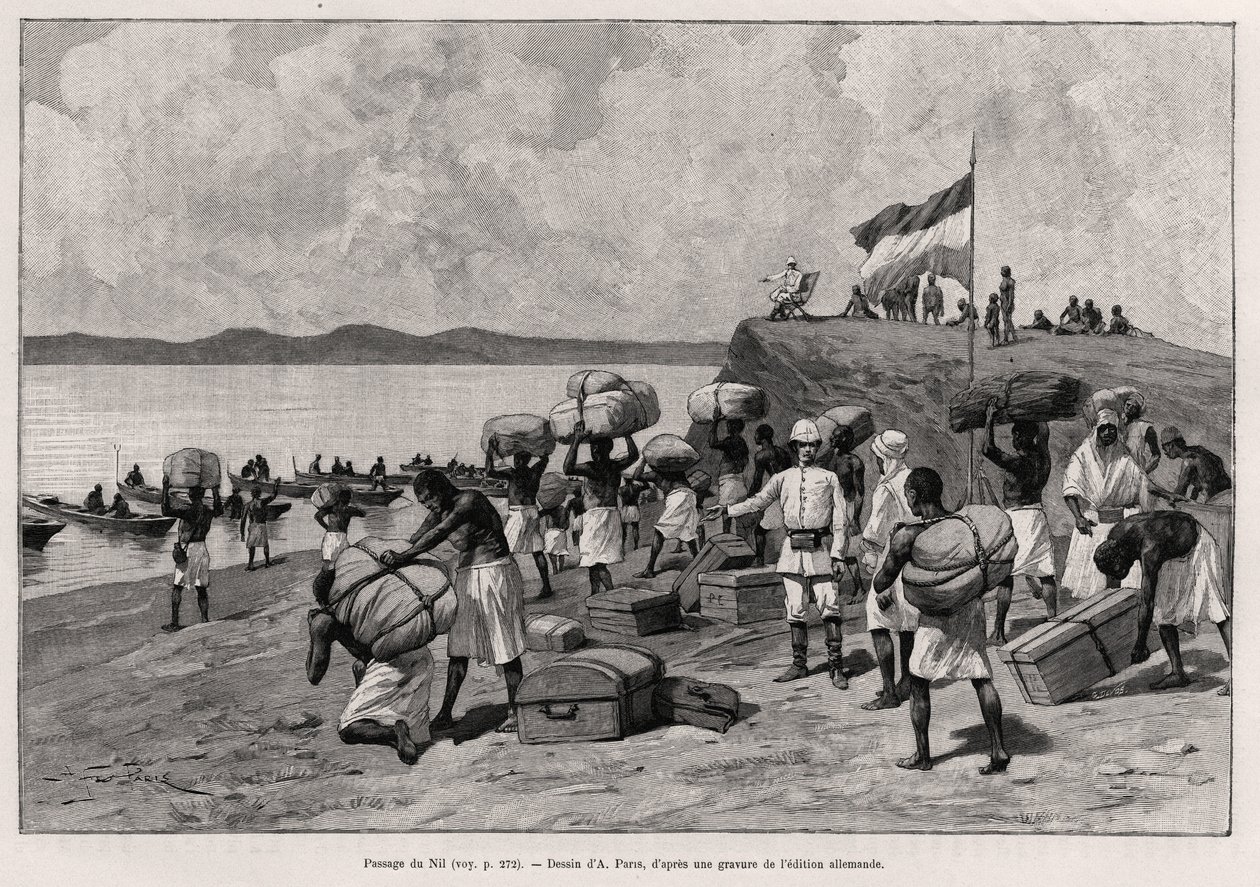 नील नदी का मार्ग। डॉक्टर पीटर्स (1856-1918) द्वारा "" औ सेक्योर्स डी'मिन पाचा" कहानी को चित्रित करने के लिए ए.पेरिस द्वारा उत्कीर्णन द्वारा हेनरी अल्फोंस लुइस लॉरेंट डेसोरसुक्सो