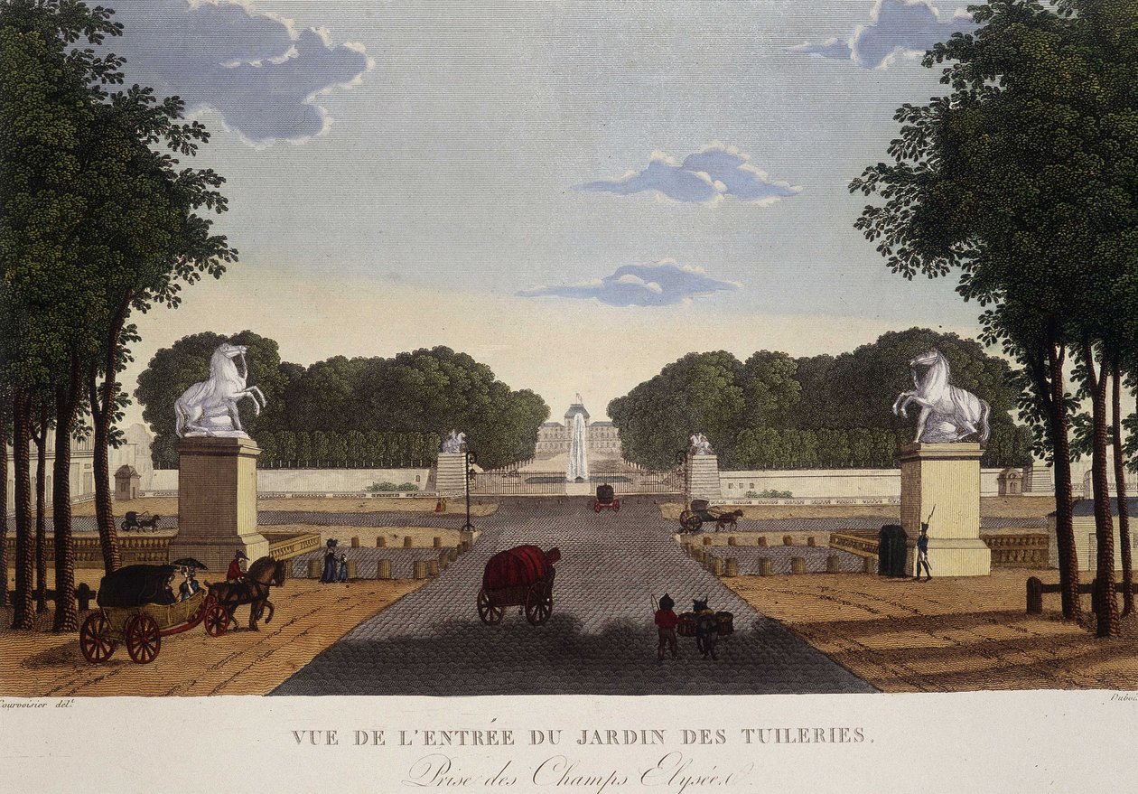 चैंप्स-एलिसीस के ट्यूलरीज गार्डन व्यू का प्रवेश, लगभग 1820 - कौरवोइसियर द्वारा "" वूस डे पेरिस "" में द्वारा हेनरी कौरवोइज़ियर-वोइसिन