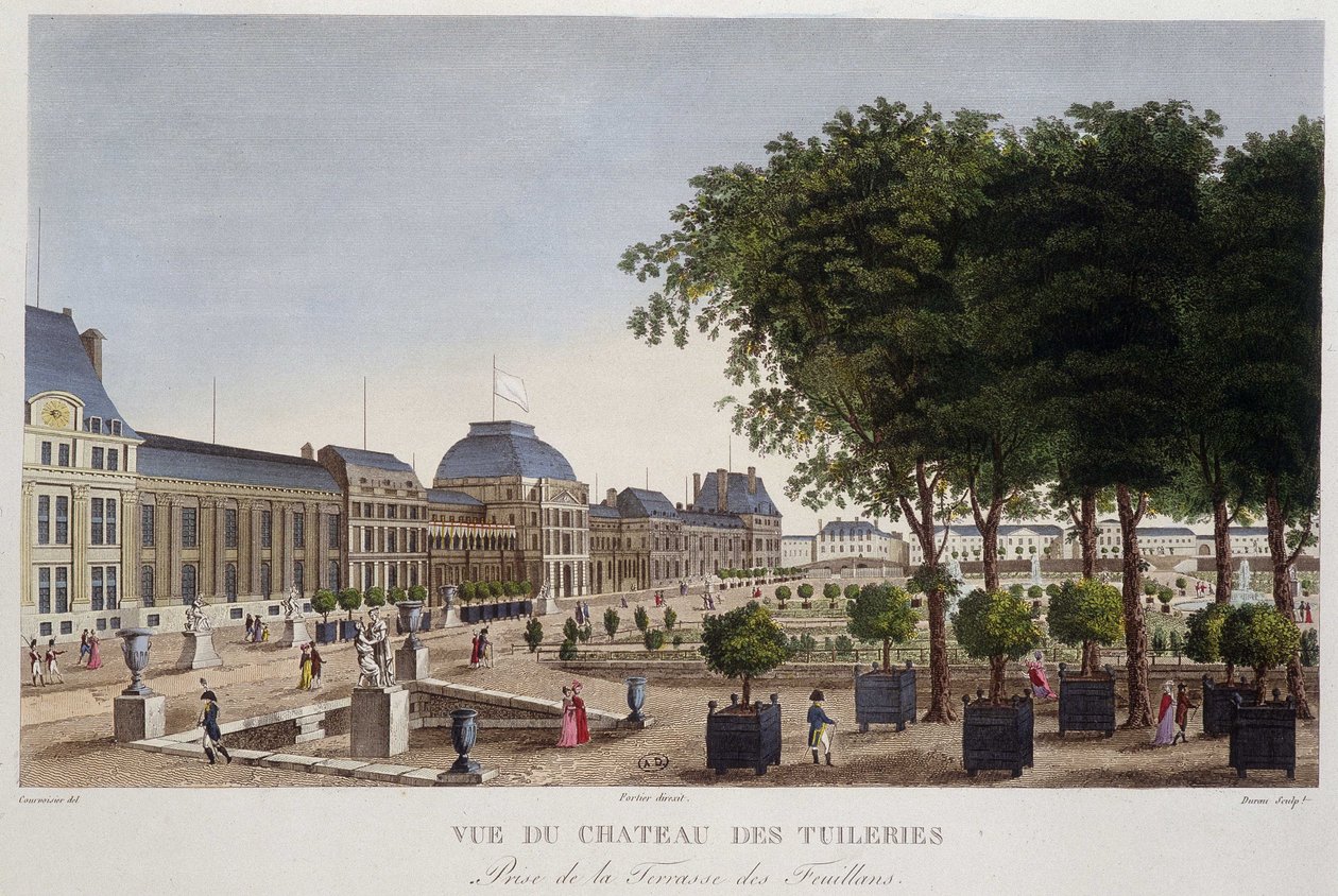 Les Feuillans की छत से देखा गया बगीचा और Chateau des Tuileries। कौरवोज़िएर द्वारा उत्कीर्णन द्वारा हेनरी कौरवोइज़ियर-वोइसिन