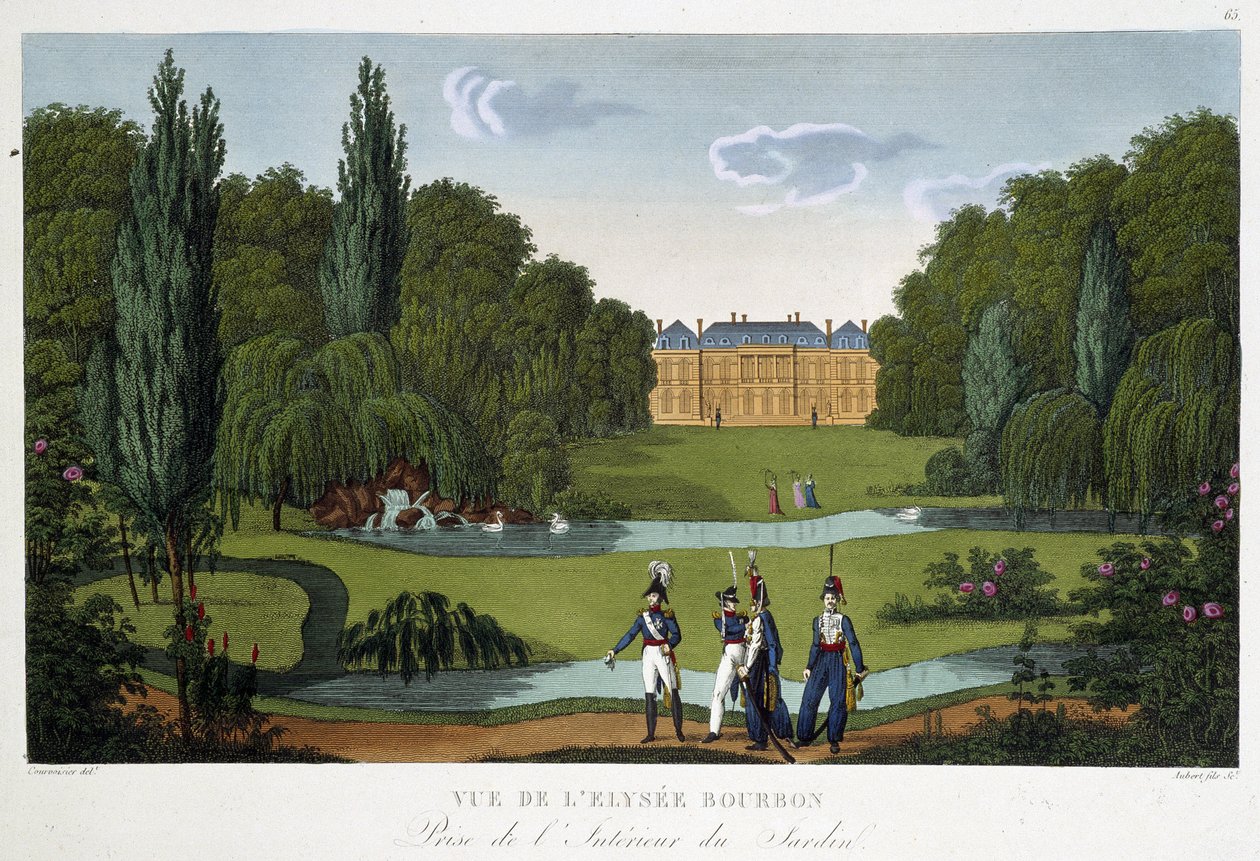 Palais de l'Elysee-Bourbon (Elysee Bourbon) और उद्यानों का दृश्य। 1815-1820 तक कौरवोज़ियर द्वारा उत्कीर्णन "" Vues de Paris "में द्वारा हेनरी कौरवोइज़ियर-वोइसिन