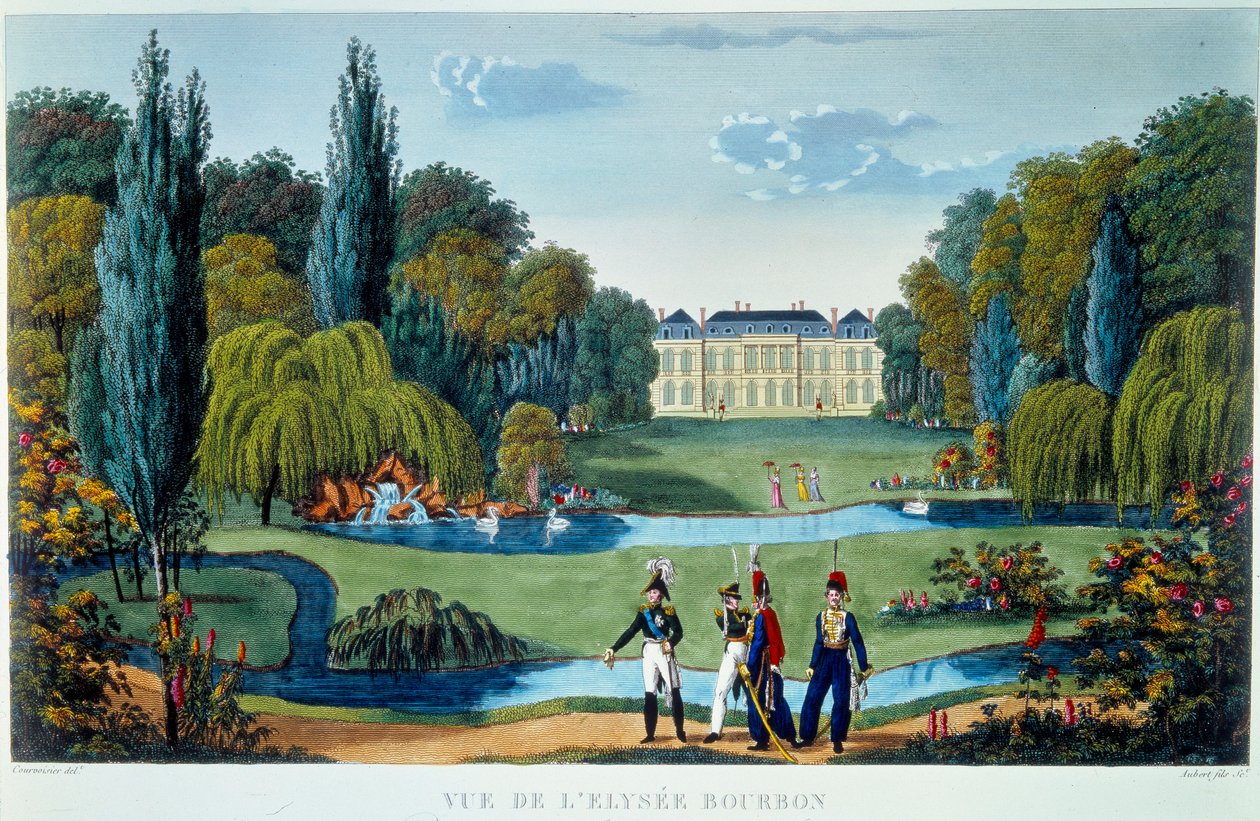 Palais de l'Elysee-Bourbon (Elysee Bourbon) और उद्यानों का दृश्य। 1815-1820 तक कौरवोज़ियर द्वारा उत्कीर्णन "" Vues de Paris "में द्वारा हेनरी कौरवोइज़ियर-वोइसिन