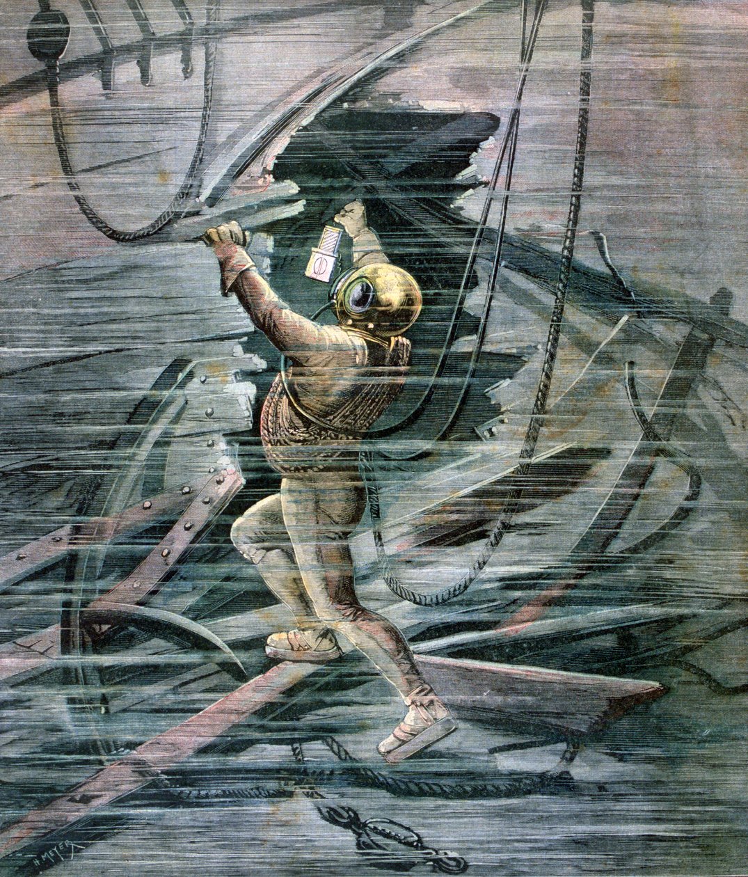 एक गोताखोर ला हैवर बंदरगाह, फ्रांस, 1892 में एक मलबे की खोज कर रहा है द्वारा हेनरी मेयर