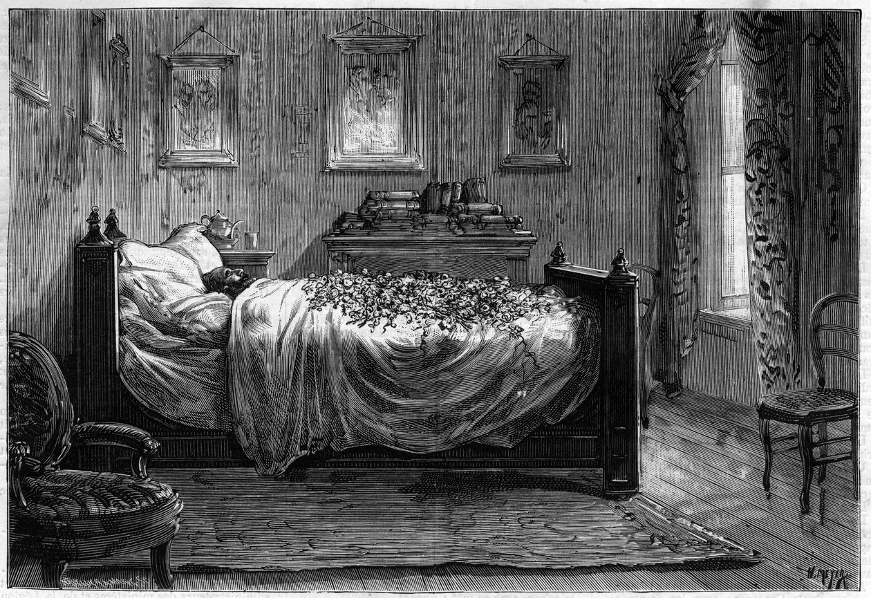 लियोन गैम्बेटा की मृत्यु (1838-1882) फ्रांसीसी राजनीतिज्ञ - द मोर्चरी चैंबर- 1883 के "द इलस्ट्रस जर्नल" में - हेनरी मेयर द्वारा ड्राइंग (1844-1899) द्वारा हेनरी मेयर