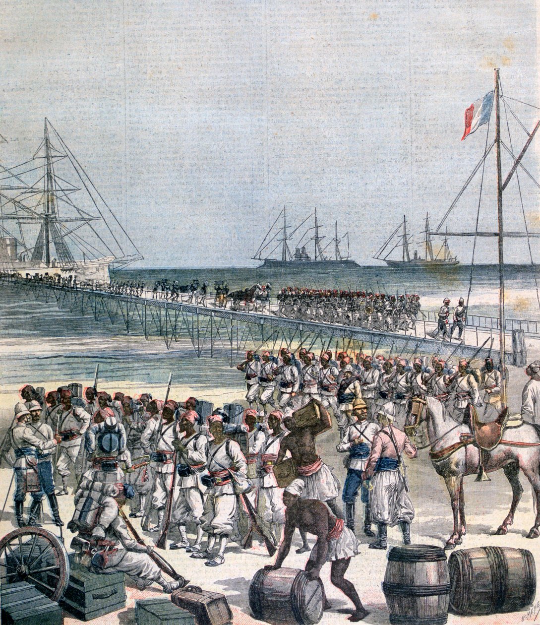 1892 में बेनिन के कोटोनोउ में नए घाट पर सेनेगल ट्रूप्स की लैंडिंग द्वारा हेनरी मेयर