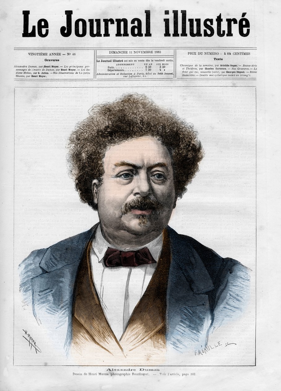 अलेक्जेंड्रे डुमास पेरे का पोर्ट्रेट (1802-1870) 1883 के "द इलस्ट्रस जर्नल" का कवर पेज - हेनरी मेयर द्वारा ड्राइंग (1844-1899) द्वारा हेनरी मेयर
