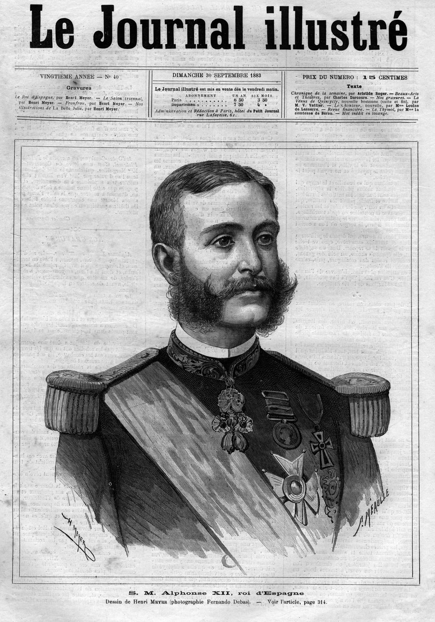 स्पेन के अल्फोंसो XII का पोर्ट्रेट (अल्फोंस XII) (1857-1885), स्पेन का राजा - 1883 से "द इलस्ट्रस डायरी" का कवर पेज - हेनरी मेयर द्वारा ड्राइंग (1844-1899) द्वारा हेनरी मेयर