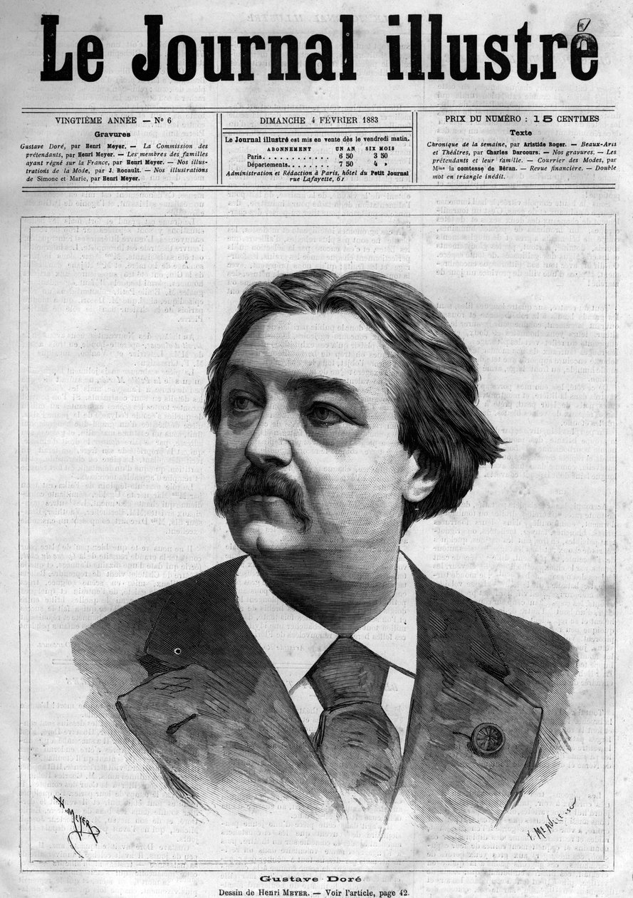 गुस्ताव डोरे का पोर्ट्रेट (1832-1883), फ्रांसीसी चित्रकार और कार्टूनिस्ट - 1883 के "द इलस्ट्रस जर्नल" का कवर पेज - हेनरी मेयर द्वारा ड्राइंग (1844-1899) द्वारा हेनरी मेयर