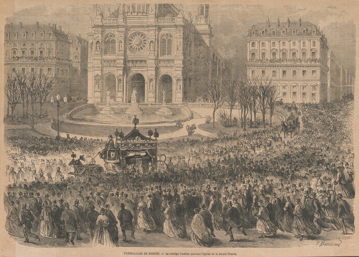 Gioacchino Rossini का अंतिम संस्कार। अंतिम संस्कार जुलूस 1868 में चर्च से निकलता है। द्वारा हेनरी पियरे लेओन फरमंड ब्लांचर्ड