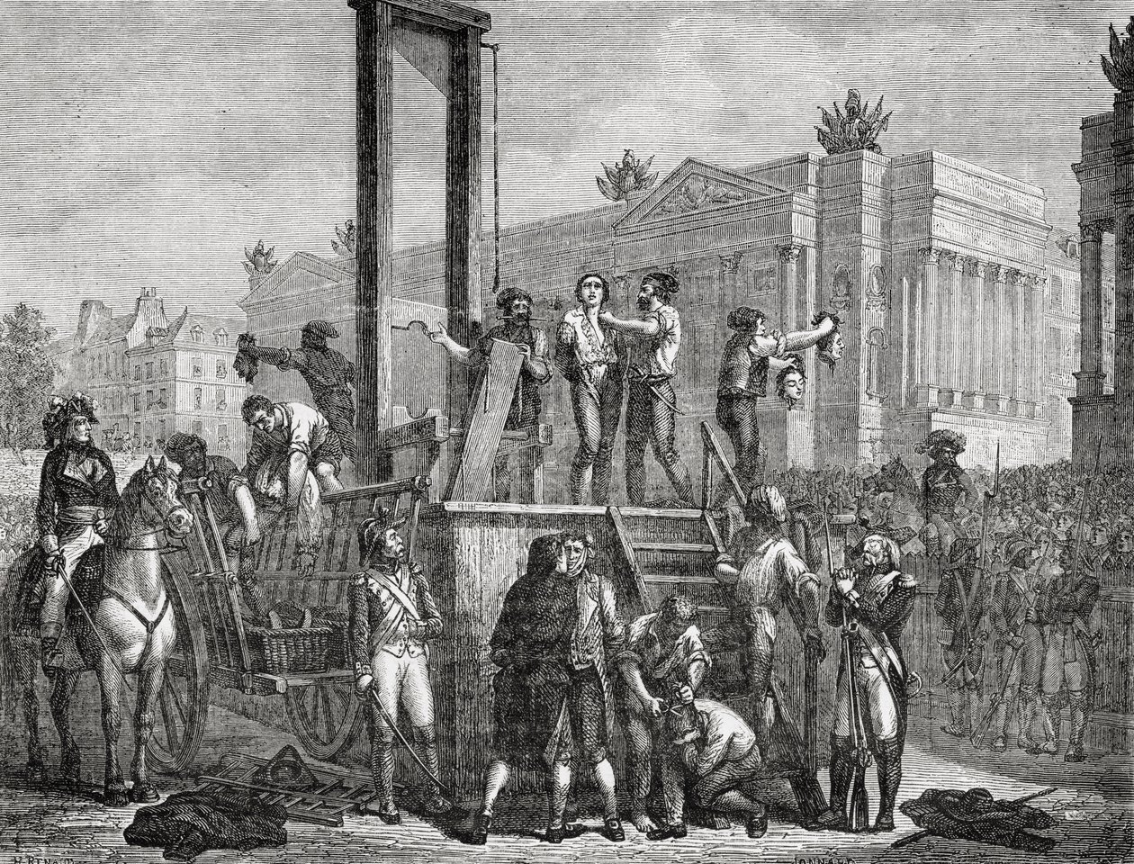 1794 में रोबस्पिएरे और उनके अनुयायियों का निष्पादन, जोनरार्ड द्वारा उकेरा गया द्वारा हेनरी रेनॉड