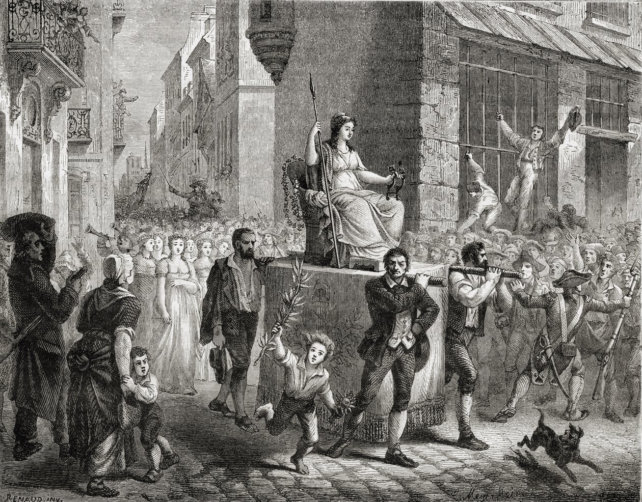 लुईस ब्लैंक (1811-82) मेयर-हेइन द्वारा 1847-62 में उत्कीर्ण &39;हिस्टोइरे डी ला रिवोल्यूशन फ्रैंकेइस&39; से देवी की वजह से जुलूस, 10 नवंबर 1793 द्वारा हेनरी रेनॉड