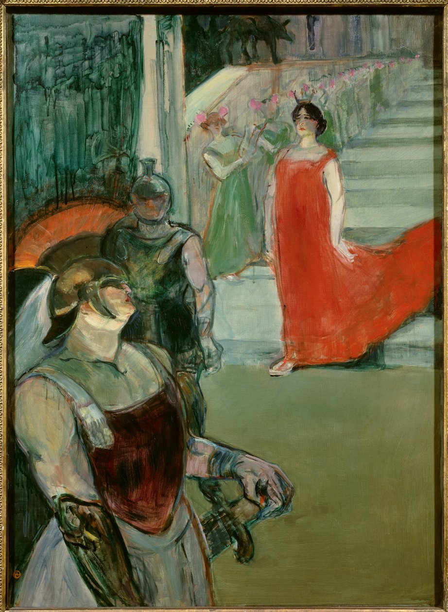 Mesaline Isidore de Lara द्वारा अतिरिक्त ओपेरा "" Mesaline "" के साथ पंक्तिबद्ध सीढ़ी से नीचे चला जाता है। हेनरी टूलूज़ लॉट्रेक (1864-1901) द्वारा 20वीं सदी के सूर्य की पेंटिंग। 0,99x0,72 मीटर लॉस एंजिल्स। काउंटी म्यूज़ियम ऑफ़ आर्ट - मे द्वारा हेनरी डे टूलूस लॉटरेक