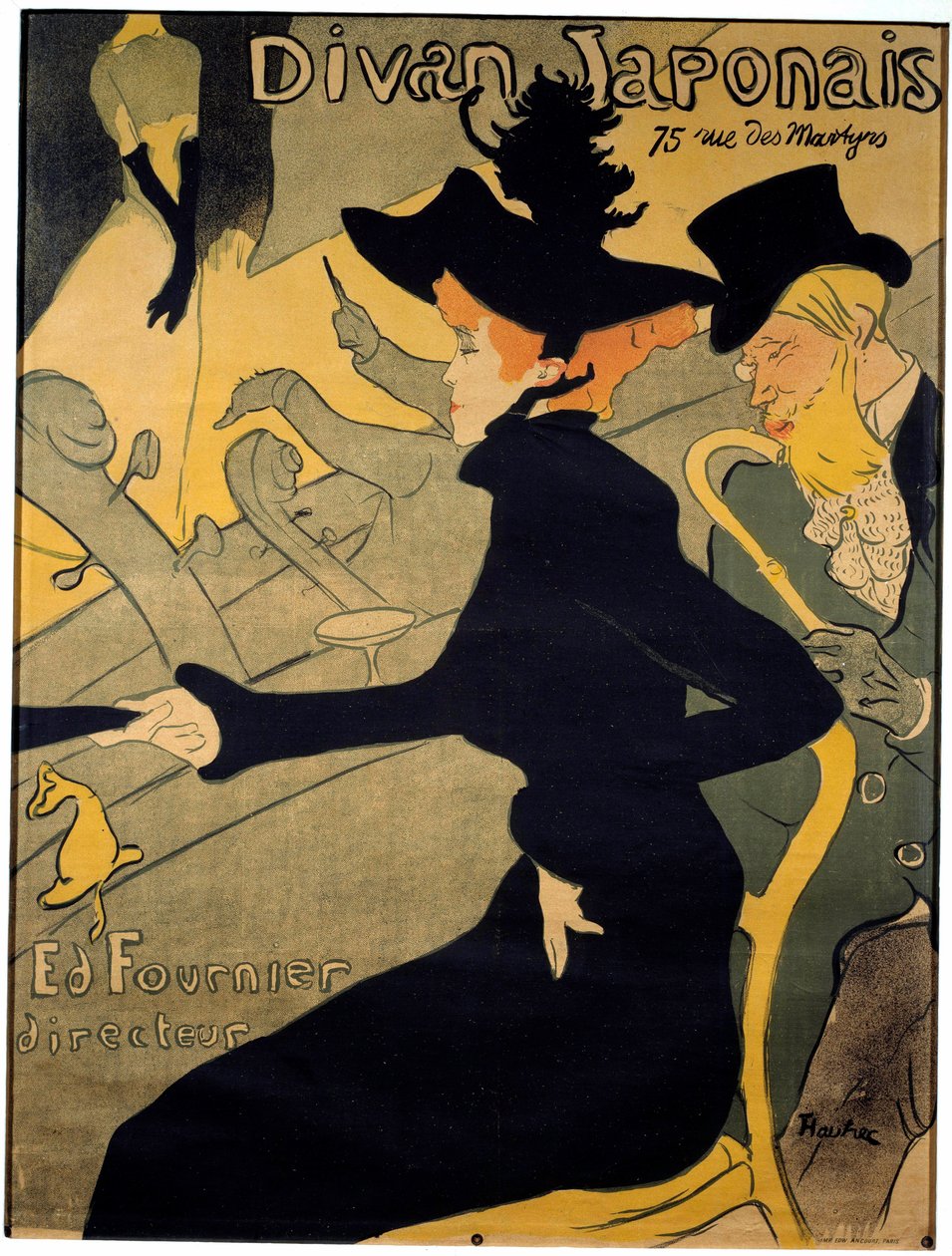 डांसर जेन एवरिल (1868-1943) और डांसर को दर्शाते हुए पेरिस कैबरे "" द जापानी काउच "" का पोस्टर। लेखक एडौर्ड डुजार्डिन (1861-1949) गायक यवेटे गिल्बर्ट (1867-1944) को मंच पर प्रदर्शन करते हुए देख रहे हैं - हेनरी डी टूलूज़-लौटर द्वारा लिथोग द्वारा हेनरी डे टूलूस लॉटरेक