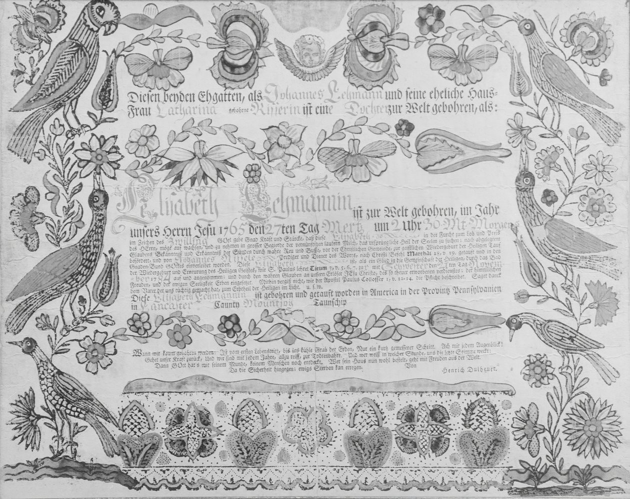 जन्म और बपतिस्मा प्रमाण पत्र, 1784। द्वारा हेनरिक दुल्हाउर।