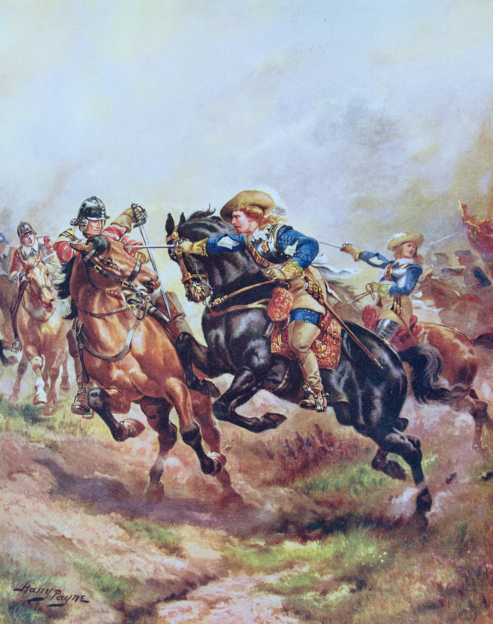 1642 में एजहिल में प्रिंस रूपर्ट के कैवलरी चार्ज, हचिंसन की &39;द स्टोरी ऑफ द ब्रिटिश नेशन&39; का चित्रण। c.1920 द्वारा हेनरी ए। पायने