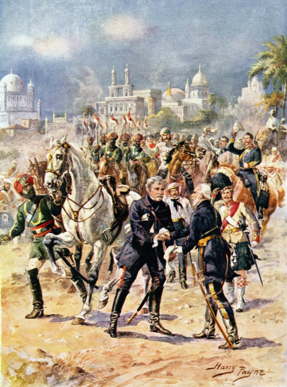 सर कॉलिन कैंपबेल की बैठक (1792-1863) और मेजर सीएच वायली, 1920 के दशक के &39;अंग्रेजी इतिहास की शानदार लड़ाइयों&39; से सामान्य आउट्राम चित्रण द्वारा हेनरी ए। पायने