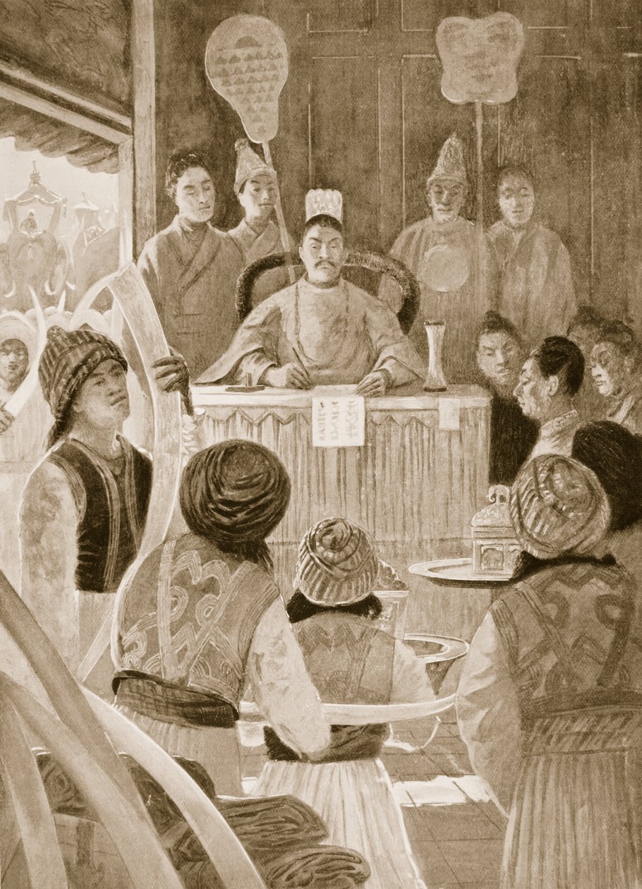 सियामी चीन के सम्राट को श्रद्धांजलि अर्पित करते हुए, &39;हचिंसन्स हिस्ट्री ऑफ द नेशंस&39; का चित्रण, c.1910 द्वारा हेनरी चार्ल्स सेपिंग्स राइट
