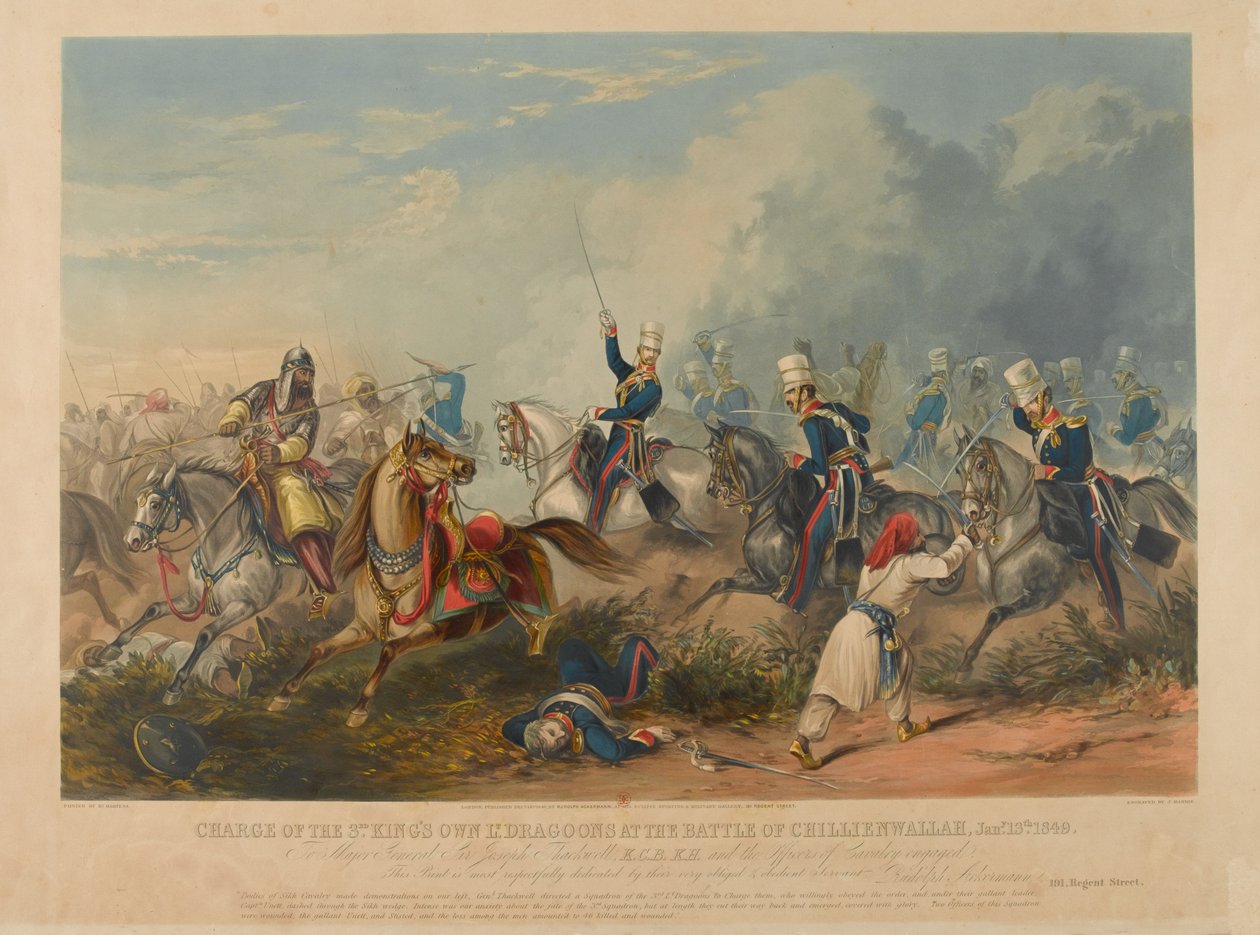 13 जनवरी, 1849 को चिलियानवाला की लड़ाई में तीसरे राजा की खुद की हल्की ड्रगों का आरोप, जे। हैरिस, 1849 (रंगीन जलीय) द्वारा उकेरा गया द्वारा हेनरी मार्टेंस