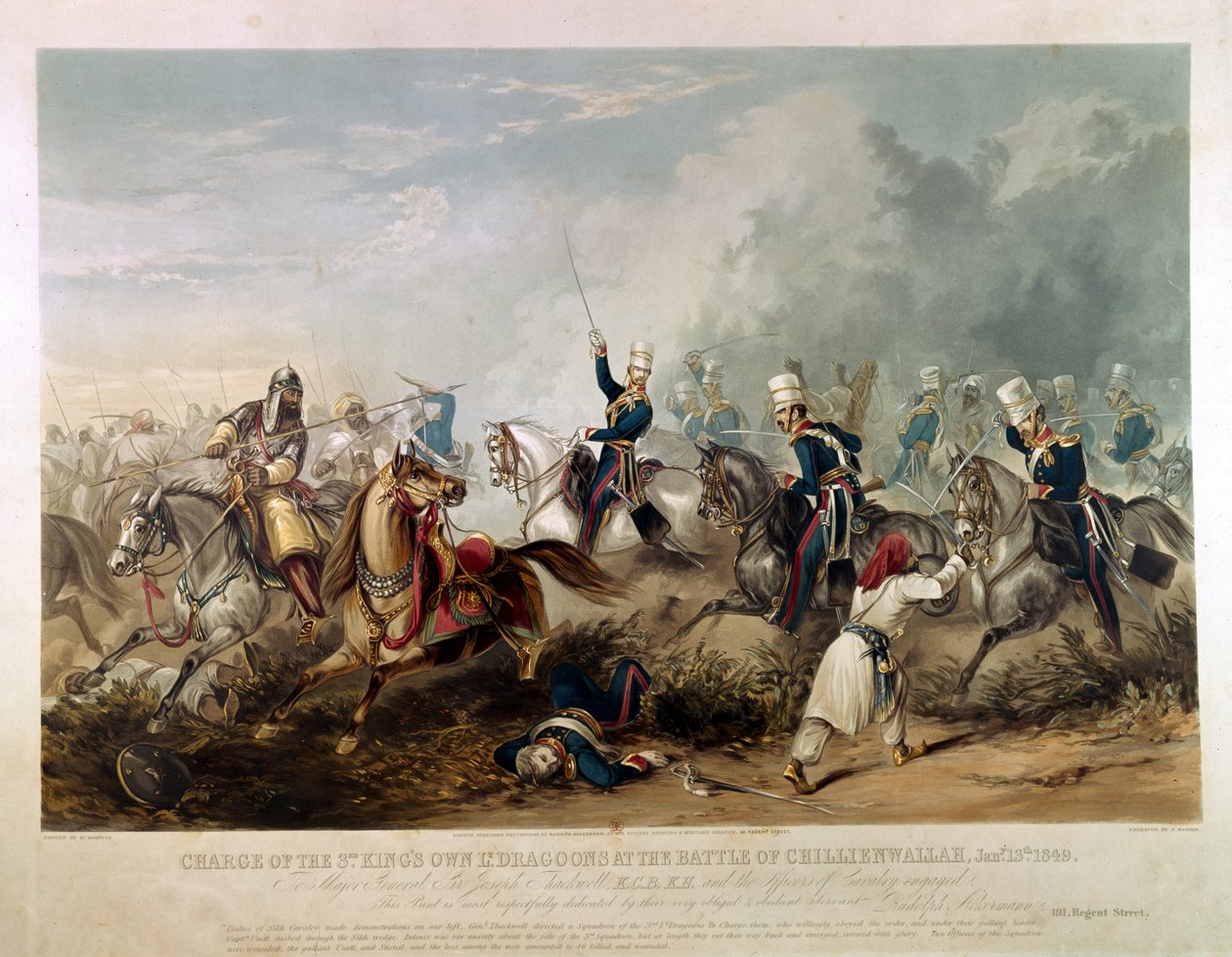 13 जनवरी, 1849 को चिलियांवाला की लड़ाई में किंग्स ओन लाइट ड्रगों का आरोप, जे। हैरिस, 1849 (रंगीन जलीय) द्वारा उकेरा गया द्वारा हेनरी मार्टेंस