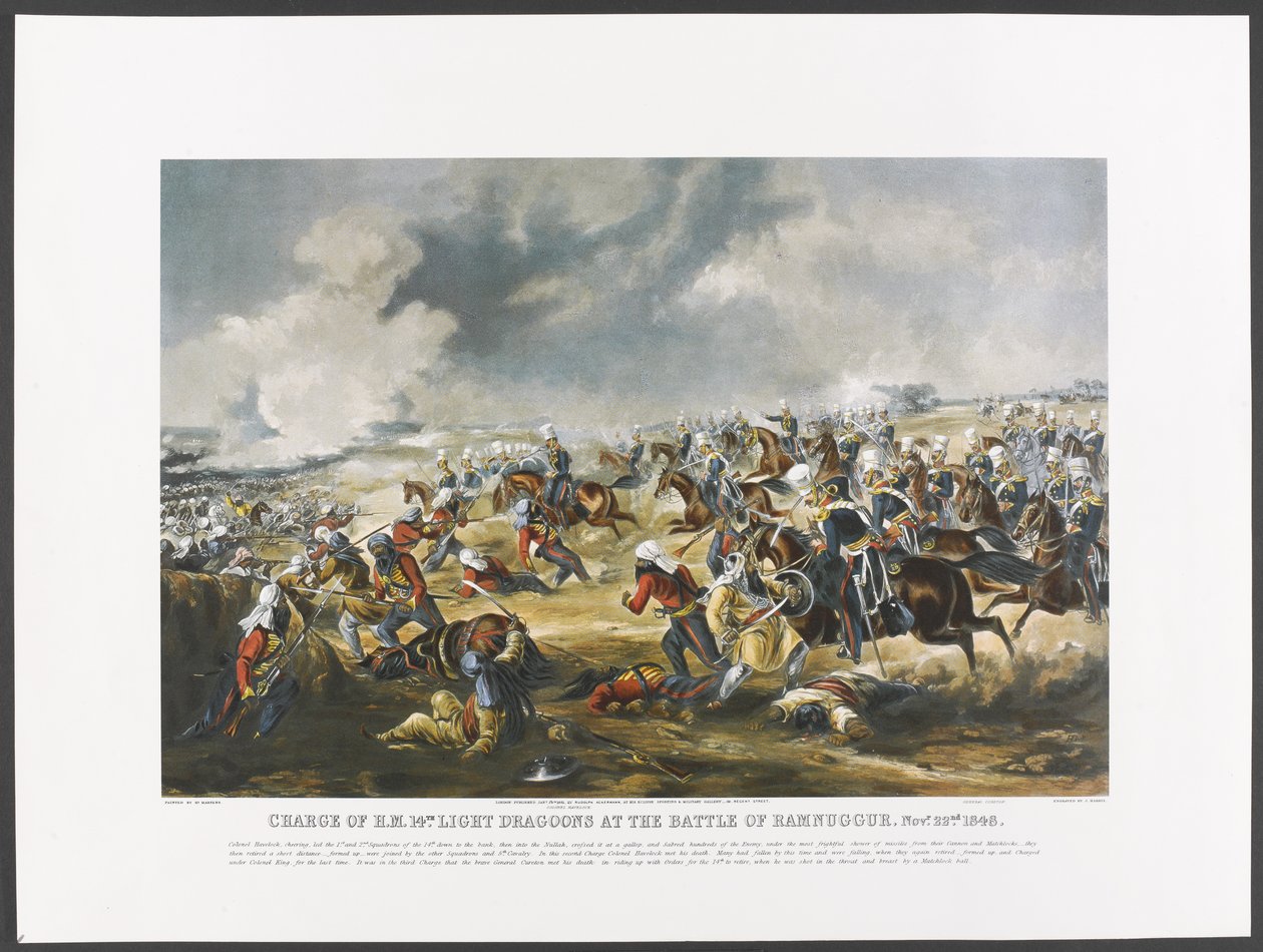 रामनुगुर की लड़ाई में एचएम 14वें लाइट ड्रैगून का प्रभार, 22 नवंबर 1848, जे. हैरिस द्वारा उकेरा गया, c.1851 (रंग फोटोलिथो) द्वारा हेनरी (बाद) मार्टेंस