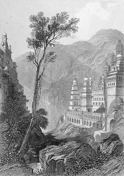 जैन मंदिर, मुक्तागेरी, फाइंडेन द्वारा उकेरा गया, 'विश्व धर्म' से, ए. फुलर्टन एंड कंपनी द्वारा प्रकाशित (उत्कीर्णन) द्वारा हेनरी (बाद में) वॉरेन