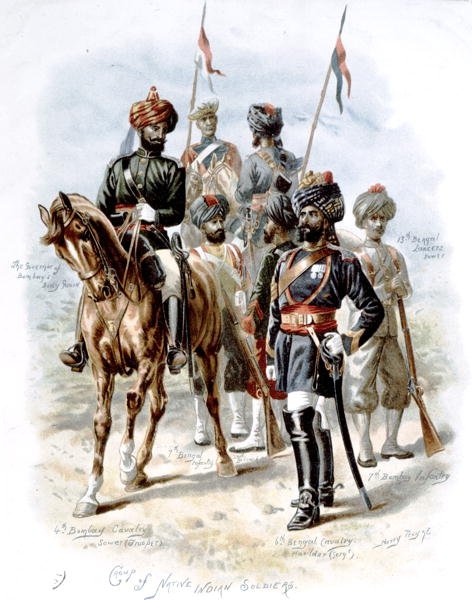 मूल भारतीय सैनिकों का समूह, बीसवीं सदी की शुरुआत (कलर लिथो) द्वारा हेनरी ए। पायने