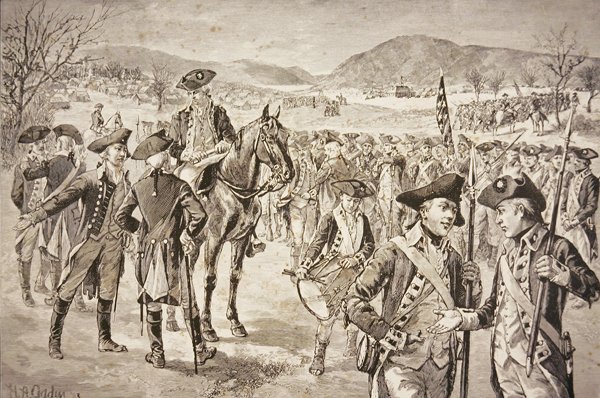 न्यू विंडसर, न्यूयॉर्क में अमेरिकी महाद्वीपीय सेना को भंग करना, नवंबर 1783 की शुरुआत में (लिथो) द्वारा हेनरी अलेक्जेंडर (बाद) ओग्डेन