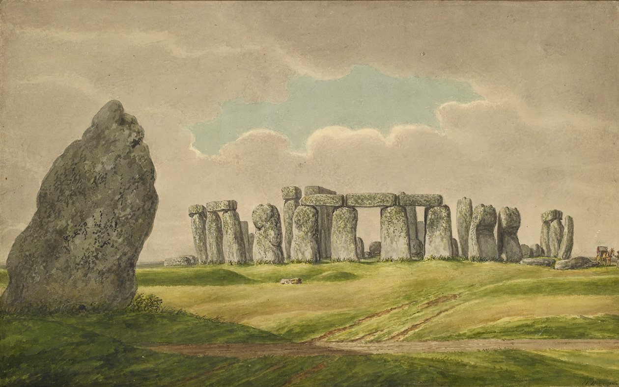एनई से स्टोनहेंज, गाड़ी, घोड़े, व्यक्ति, 1824-1839 के साथ खंडहर और एड़ी पत्थर दिखा रहा है द्वारा हेनरी ब्राउन