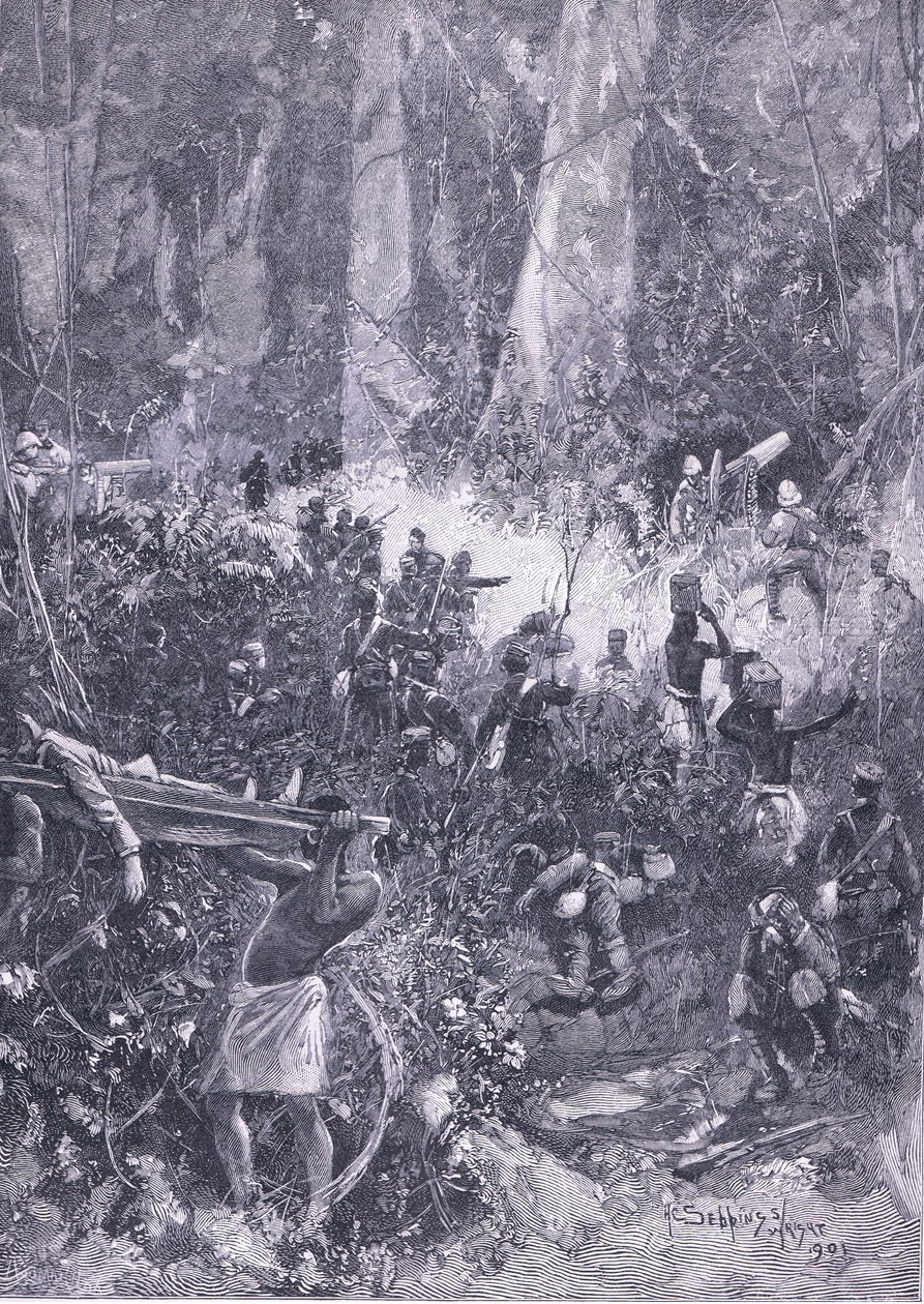 द एशांती वॉर 1900: ए फ़ाइट इन द जंगल, इलस्ट्रेशन फ्रॉम कास्सल्स हिस्ट्री ऑफ़ इंग्लैंड, 1900s द्वारा हेनरी चार्ल्स सेपिंग्स राइट