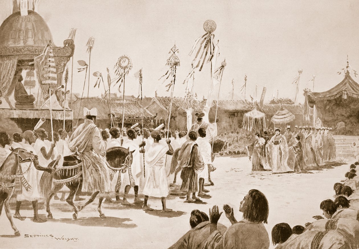 Fa Hsien की वापसी, &39;हचिन्सन हिस्ट्री ऑफ़ द नेशंस&39; का चित्रण, c.1910 द्वारा हेनरी चार्ल्स सेपिंग्स राइट