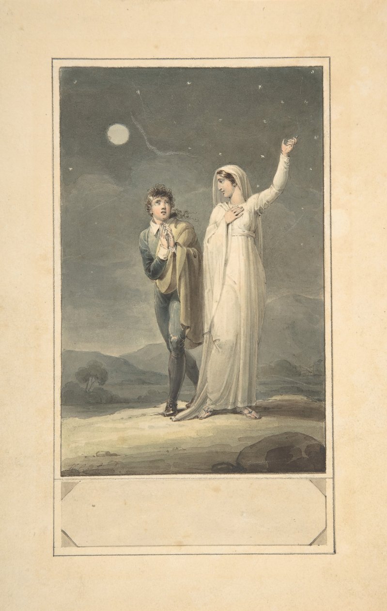 एक उत्कीर्ण पुस्तक चित्रण, 1807-44 के लिए दो आकृतियों के साथ रात का परिदृश्य। द्वारा हेनरी कॉर्बोल्ड