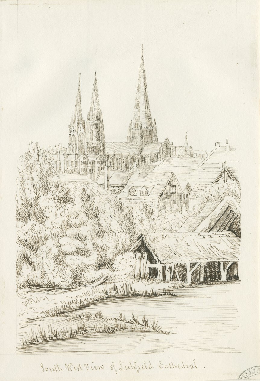 लिचफील्ड कैथेड्रल - साउथ वेस्ट व्यू: पेन ड्राइंग, एनडी [1788-1855] (ड्राइंग) द्वारा हेनरी कर्जन ऑलपोर्ट