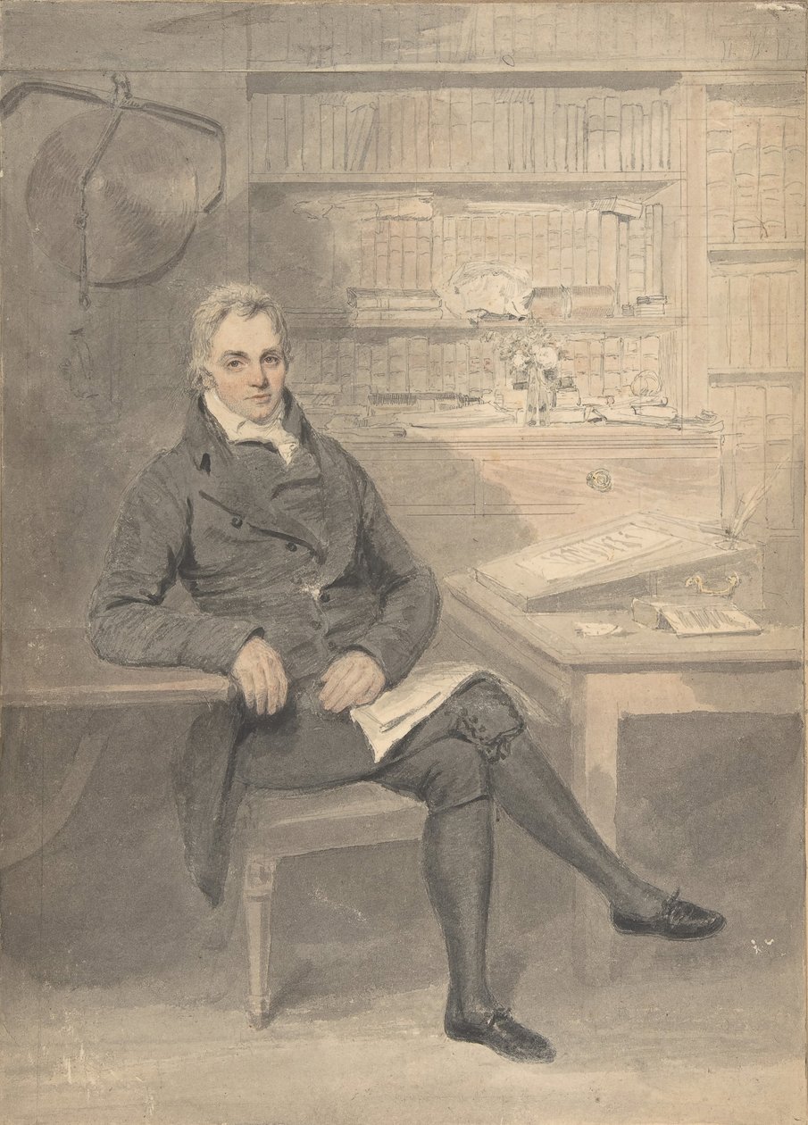 1795-1800 लेखन डेस्क के सामने बैठा एक आदमी का चित्र। द्वारा हेनरी एड्रिज