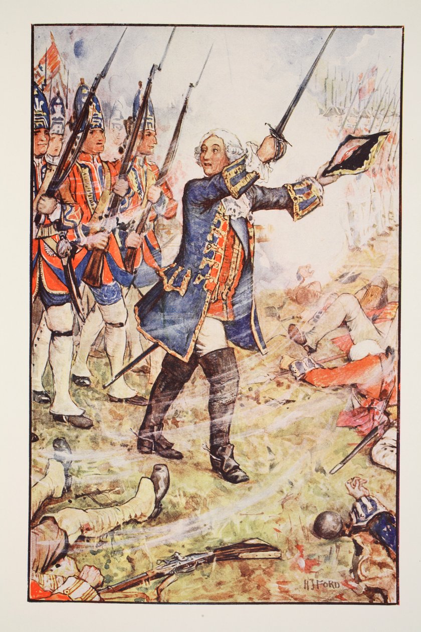 1743 में डिटेनिंग में जॉर्ज II, CRL फ्लेचर और रुडयार्ड किपलिंग द्वारा &39;ए हिस्ट्री ऑफ़ इंग्लैंड&39; का चित्रण, 1911 द्वारा हेनरी जस्टिस फोर्ड