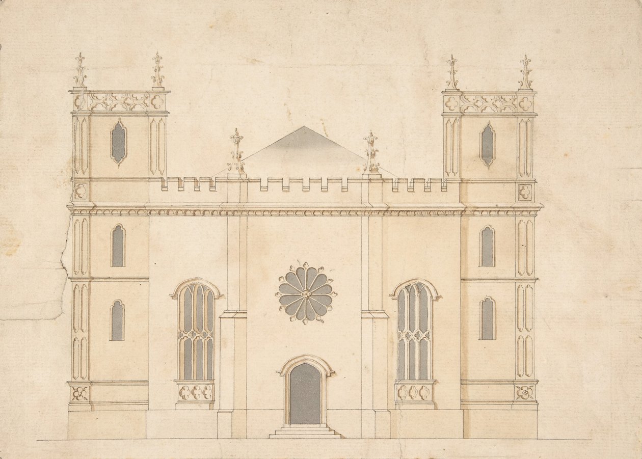 गॉथिक रिवाइवल चर्च का मुखौटा, 1745-76। द्वारा हेनरी कीन।