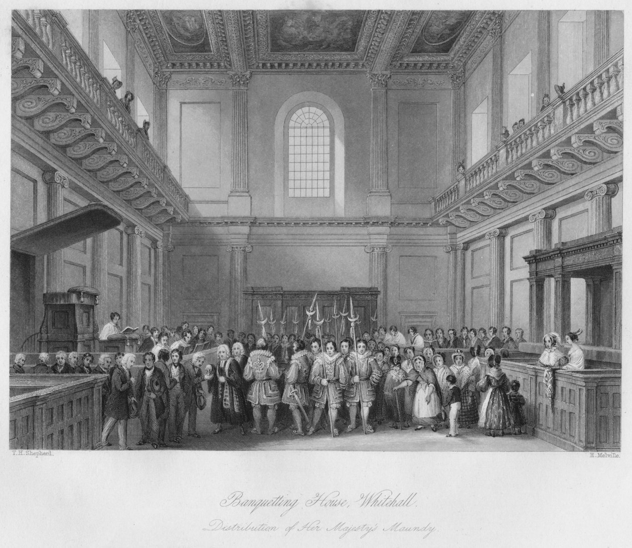 बैंक्वेटिंग हाउस, व्हाइटहॉल। उसकी महारानी मौंडी का वितरण, c1841 द्वारा हेनरी मेलविल