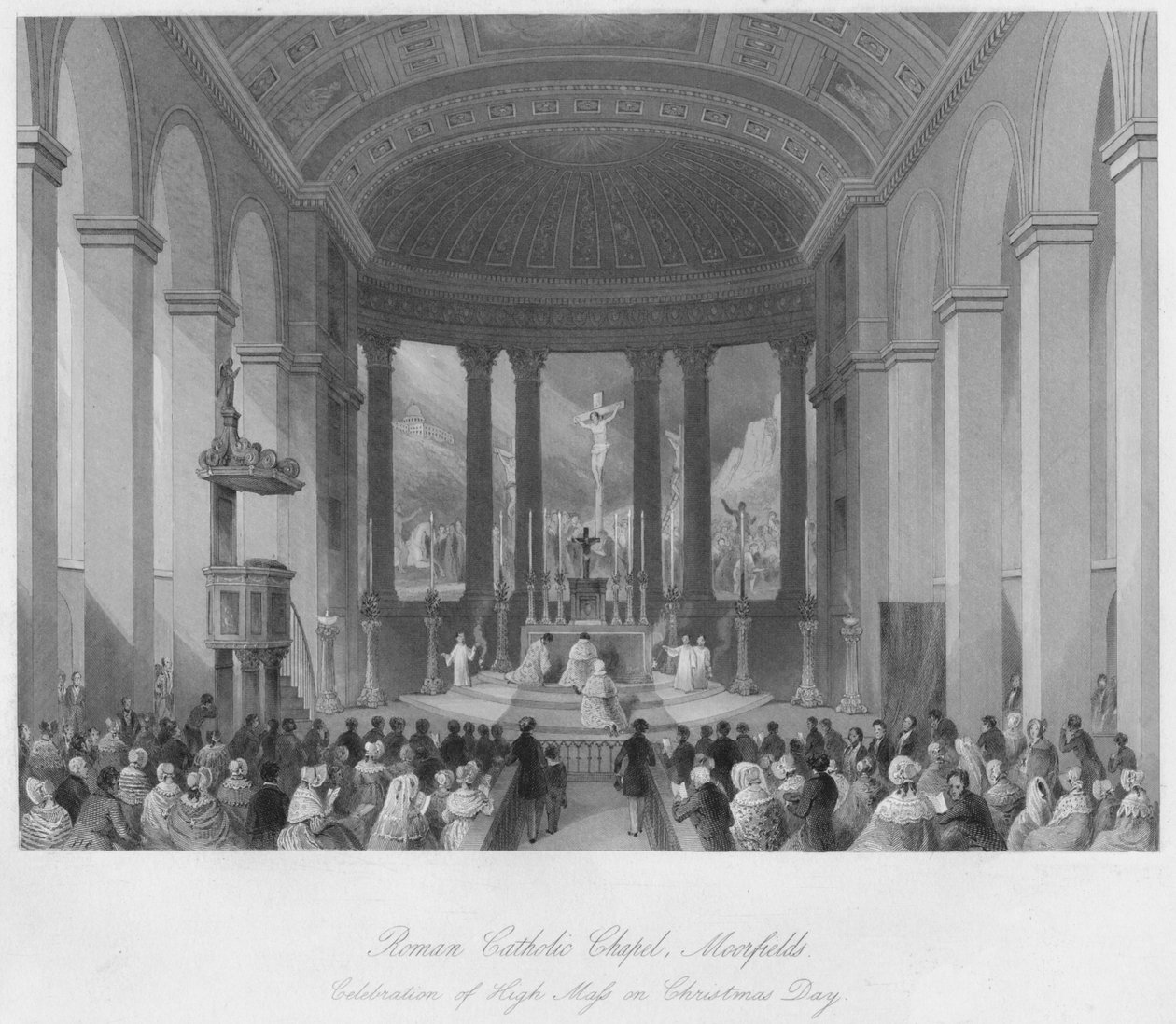 रोमन कैथोलिक चैपल, मूरफील्ड्स। क्रिसमस के दिन, 1818 में उच्च मास का उत्सव द्वारा हेनरी मेलविल