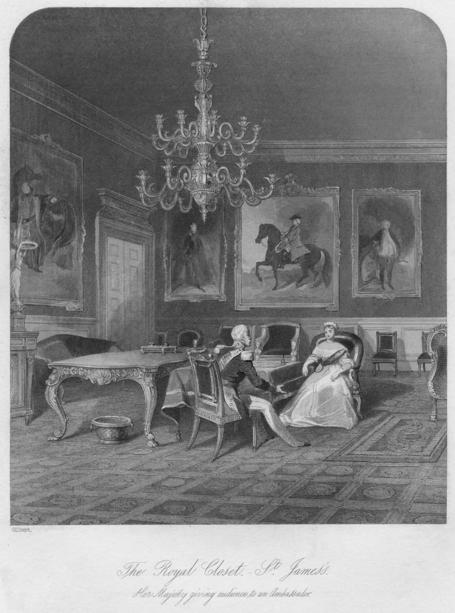 रॉयल कोठरी। - सेंट जेमेस। राजदूत को दर्शकों को देने वाली महामहिम, c1841 द्वारा हेनरी मेलविल