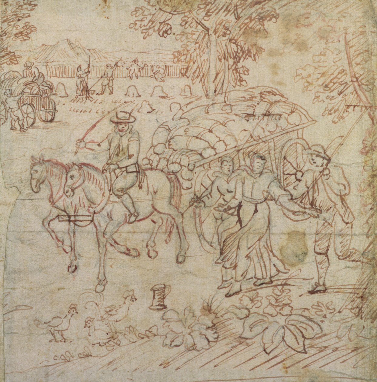 हार्वेस्टर्स रिटर्निंग होम के साथ लैंडस्केप, c.1595-1605 (कागज पर कलम और भूरी स्याही) द्वारा हेनरी पीचम
