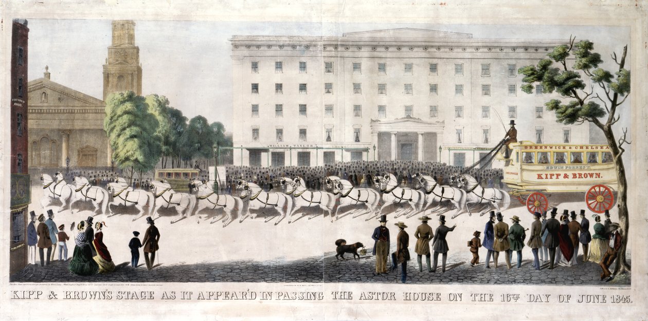 किप और ब्राउन की अवस्था, जैसा कि जून 1845, 1845 के 16 वें दिन (हाथ से रंगी लिथो) में एस्टोर हाउस से गुजरने में दिखाई दिया द्वारा रॉबिन्सन के हेनरी आर