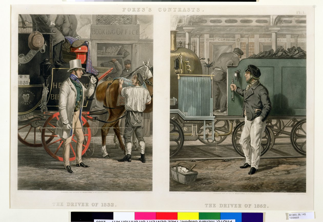फ़ॉर कंट्रास्ट्स: द ड्राइवर ऑफ़ 1832, द ड्राइवर ऑफ़ 1852, उत्कीर्ण जॉन हैरिस (1811-65) 1852 (हाथ से रंगा हुआ जलीय) द्वारा हेनरी थॉमस अल्केन