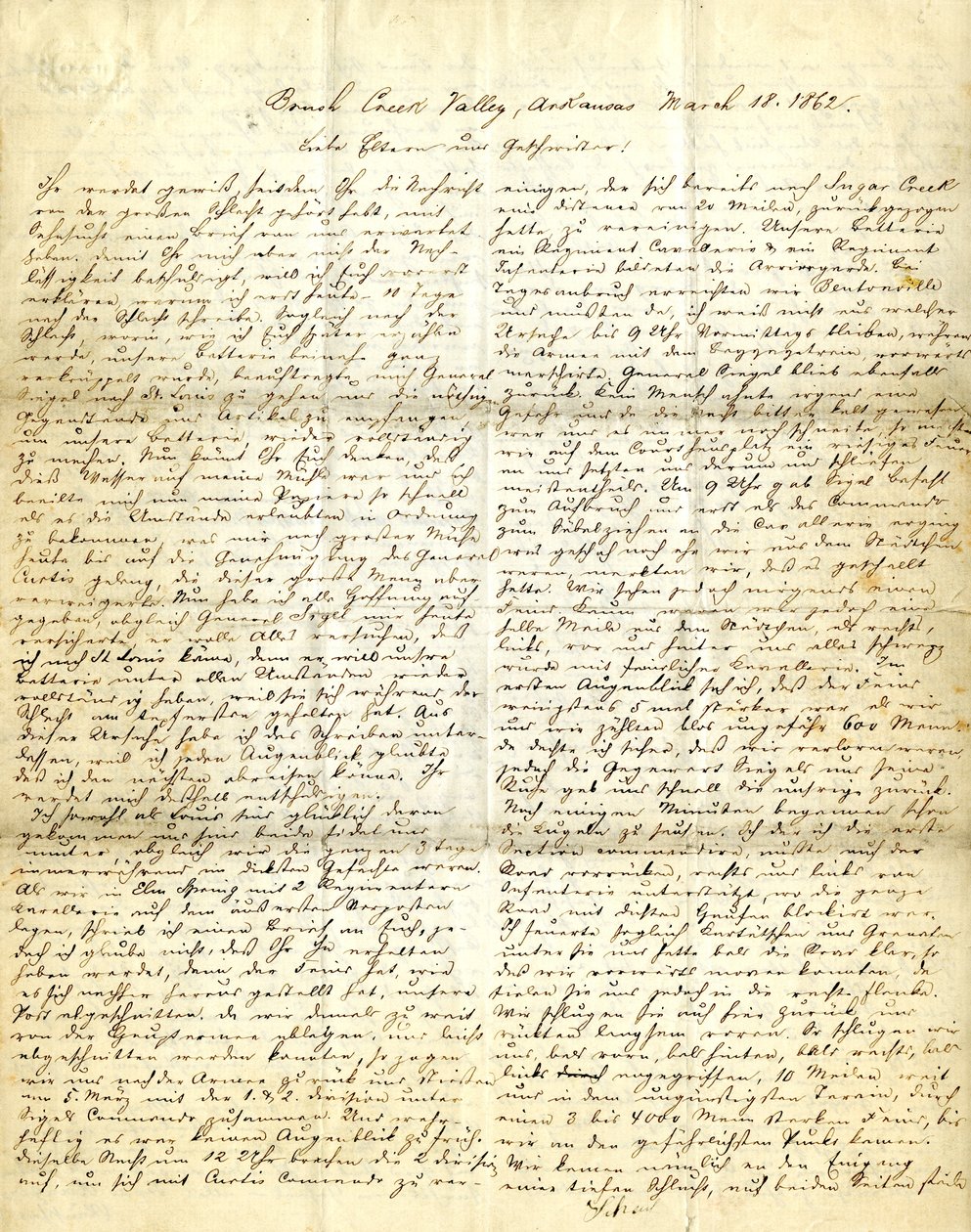 18 मार्च, 1862 को अपने माता-पिता, भाइयों और बहनों को हेनरी [हेनरी वोएल्कनर], ब्रश क्रीक वैली, अरकंसास पर हस्ताक्षर किए गए पत्र द्वारा हेनरी वोएल्कनर