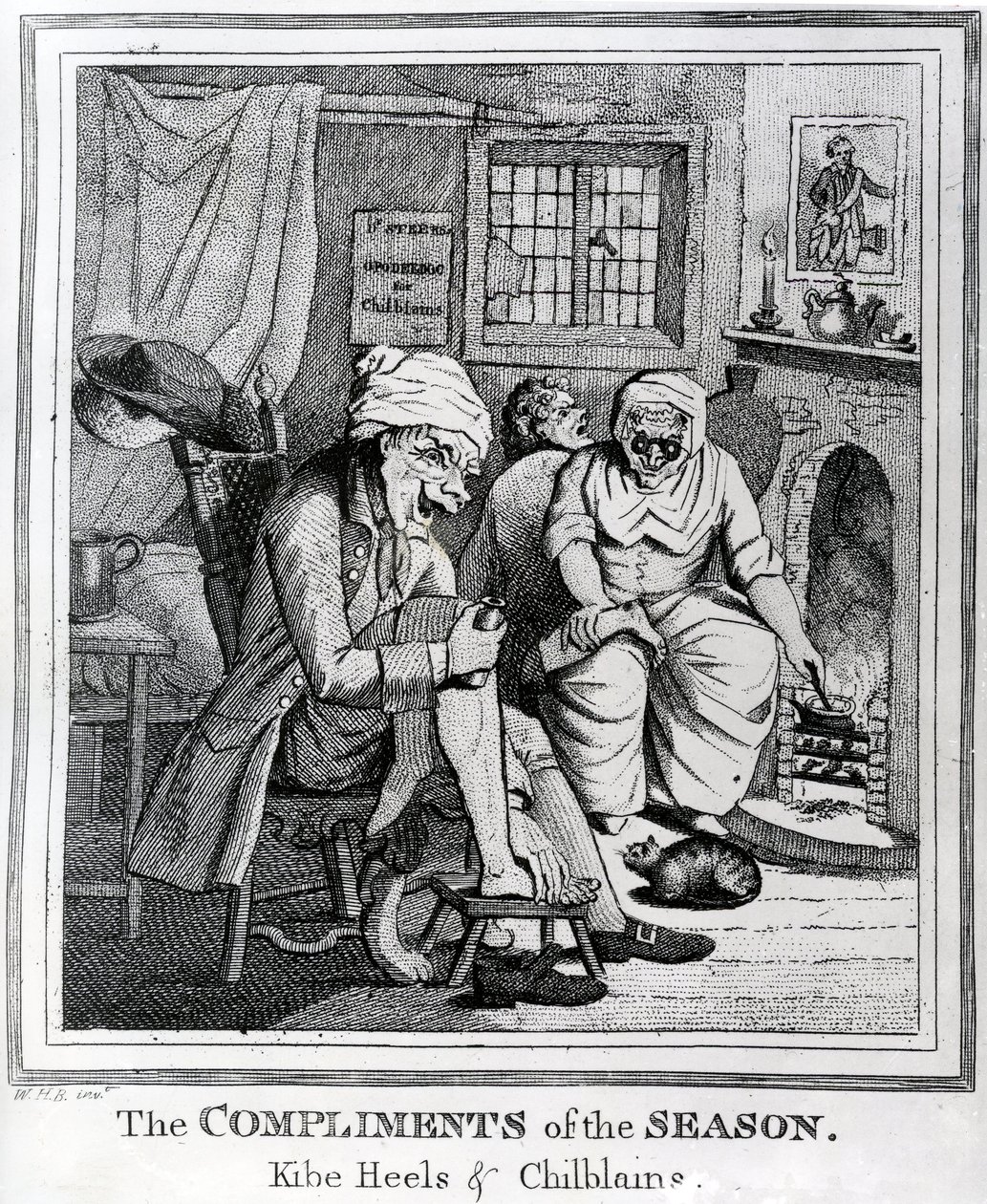 द कॉम्प्लीमेंट्स ऑफ़ द सीज़न, किबे हील्स अन चिल चिलीन्स, सी .1785 द्वारा हेनरी विलियम बनबरी